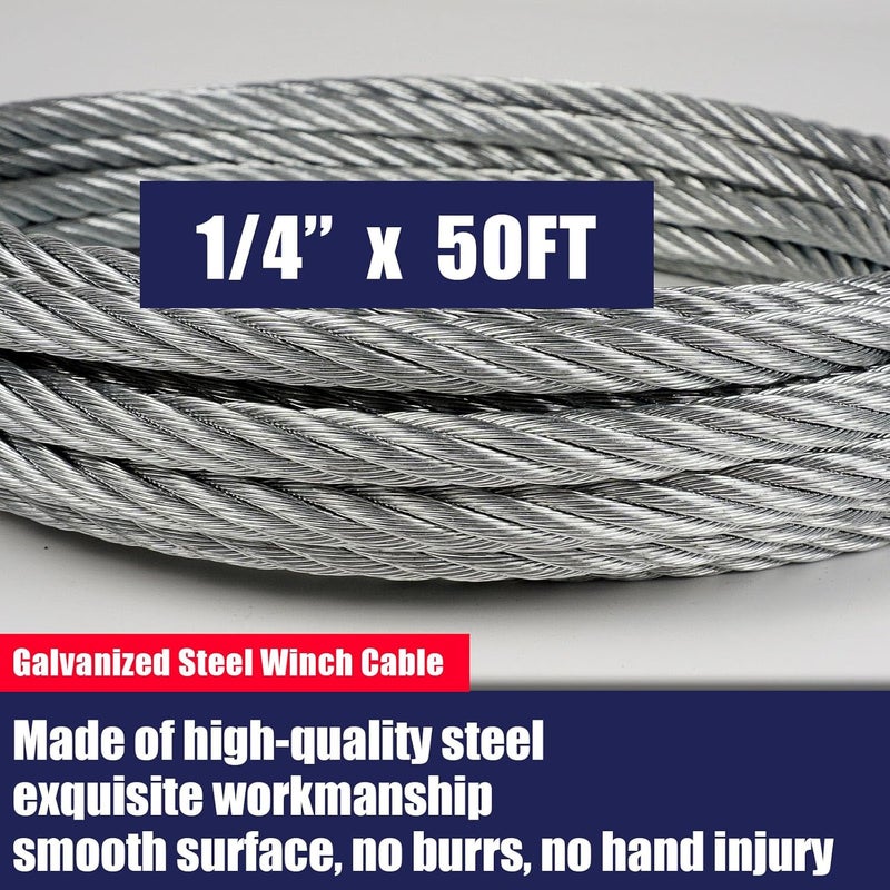 JETRA Galvanized Steel Winch Cable, 1/4” x 50ft Wire Rope with Hook, 8,000 lbs Breaking Strength, Heavy Duty Towing Cable, for Rollback, Crane, Wrecker, Tow Truck, UTV - Image 2